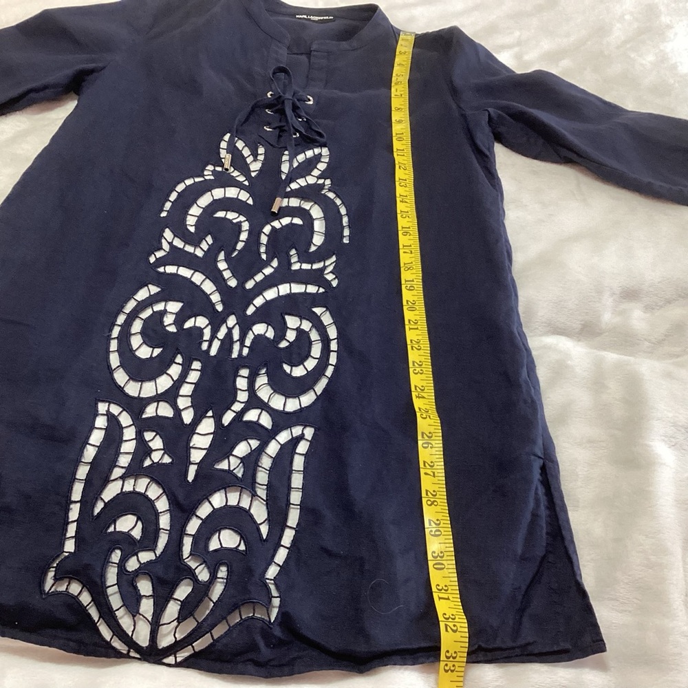 KARL LAGERFELD PARIS SAMPLE Linen Lace-Up Mini Dress W/Cut-Out Detailing Blue M - Picture 7 of 8